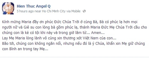 
	
	
	Ca sĩ Hiền Thục cầu xin Đức Mẹ giữ người dân Việt Nam Bình an qua cơn bão lớn.